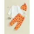 thumbnail image 4 of Liacowi Baby Boys Girls Halloween Clothes Set 6 12 18 24 Months Newborn Letter Print Long Sleeve Crew Neck Romper Geometry Print Long Pants Hat 3PCS Infant Fall Outfits, 4 of 9