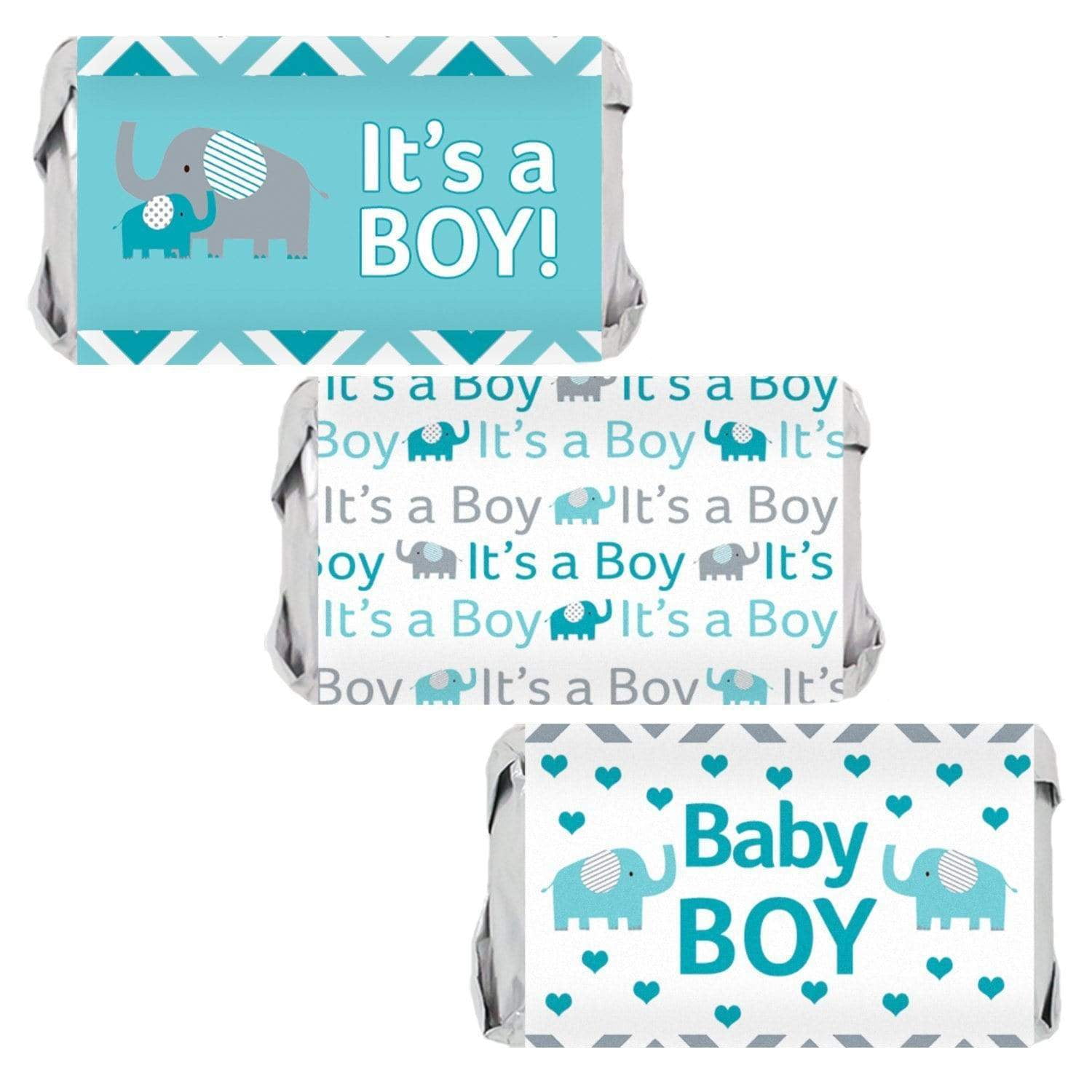 Teal Blue and Gray Elephant Boy Baby Shower Mini Candy Bar Labels - 45 Party Favor Stickers - Distinctivs