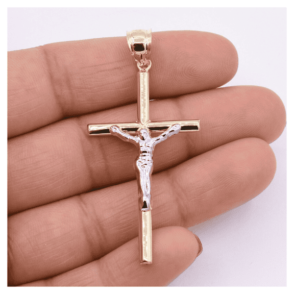 2 1/4" Jesus Cross Crucifix Pendant Unisex Adult 10K Yellow White Gold 1.90 Gr, Goldum NYC