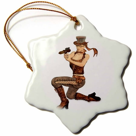 3dRose A female steampunk character posing with a gun, Snowflake Ornament, Porcelain,