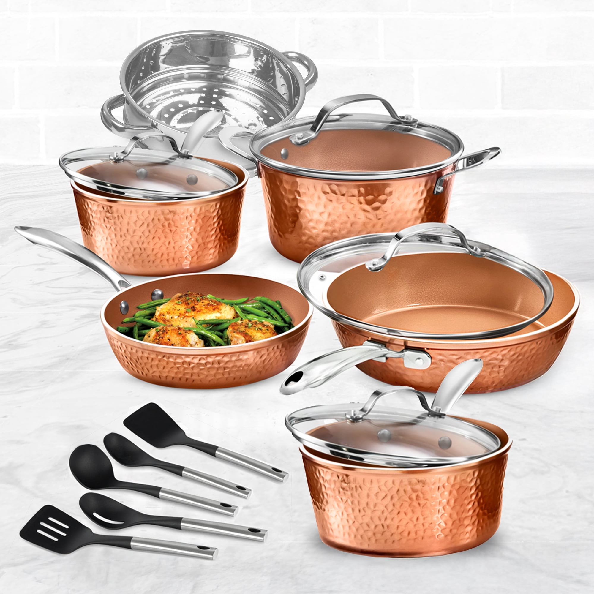 Gotham Steel Hammered 15 Pc Pots and Pans Set Non Stick, Ceramic Cookware Set with Utensils, Oven & Dishwasher Safe, Copper