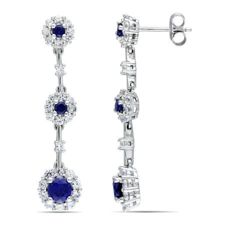 3-1/2 Carat T.G.W. Created Blue and White Sapphire Sterling Silver Flower Dangle Earrings
