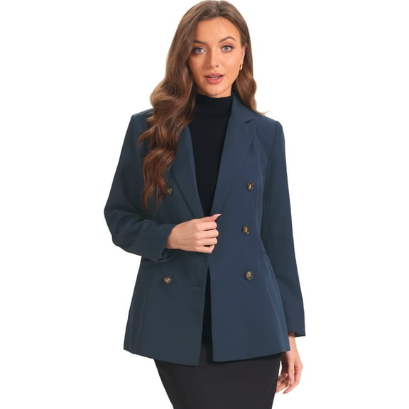 DARING DIVA Women's Lapel Collar Shoulder Pads Double Breasted Blazers XS Dark Blue