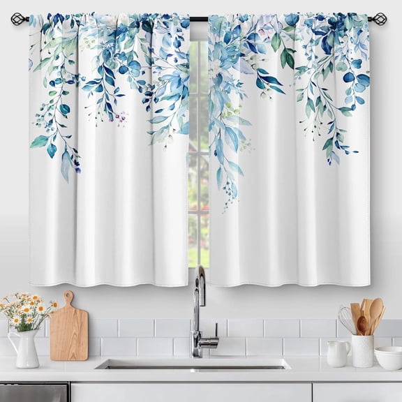 Floral Eucalyptus Leaves Kitchen Curtains - Rustic Country Botanical Plant Flowers Spring Short Cafe Tier Curtains Decor Watercolor Vintage Small Window Drapes 40 Inch Length 2 Panels 28"x40"