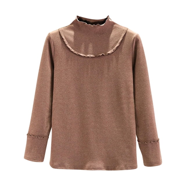 Lenpel Women's Thermal Shirts Long Sleeve Mock Neck Ruffle Trim Fleece Warm Base Layer Tops Fall Winter Basic Undershirts(Coffee,Medium)
