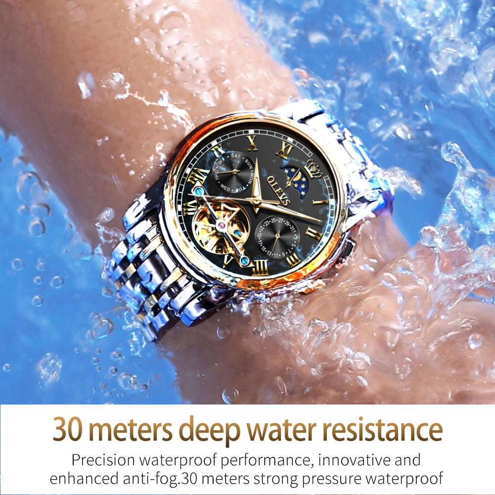 OLEVS Automatic Watches for Mens Skeleton Mechanical Self Winding Chronograph Calendar Classic Dress Moon Phase Multifunction Mens Wrist Watches Luminous Waterproof Stainless Steel Reloj Para Hombre