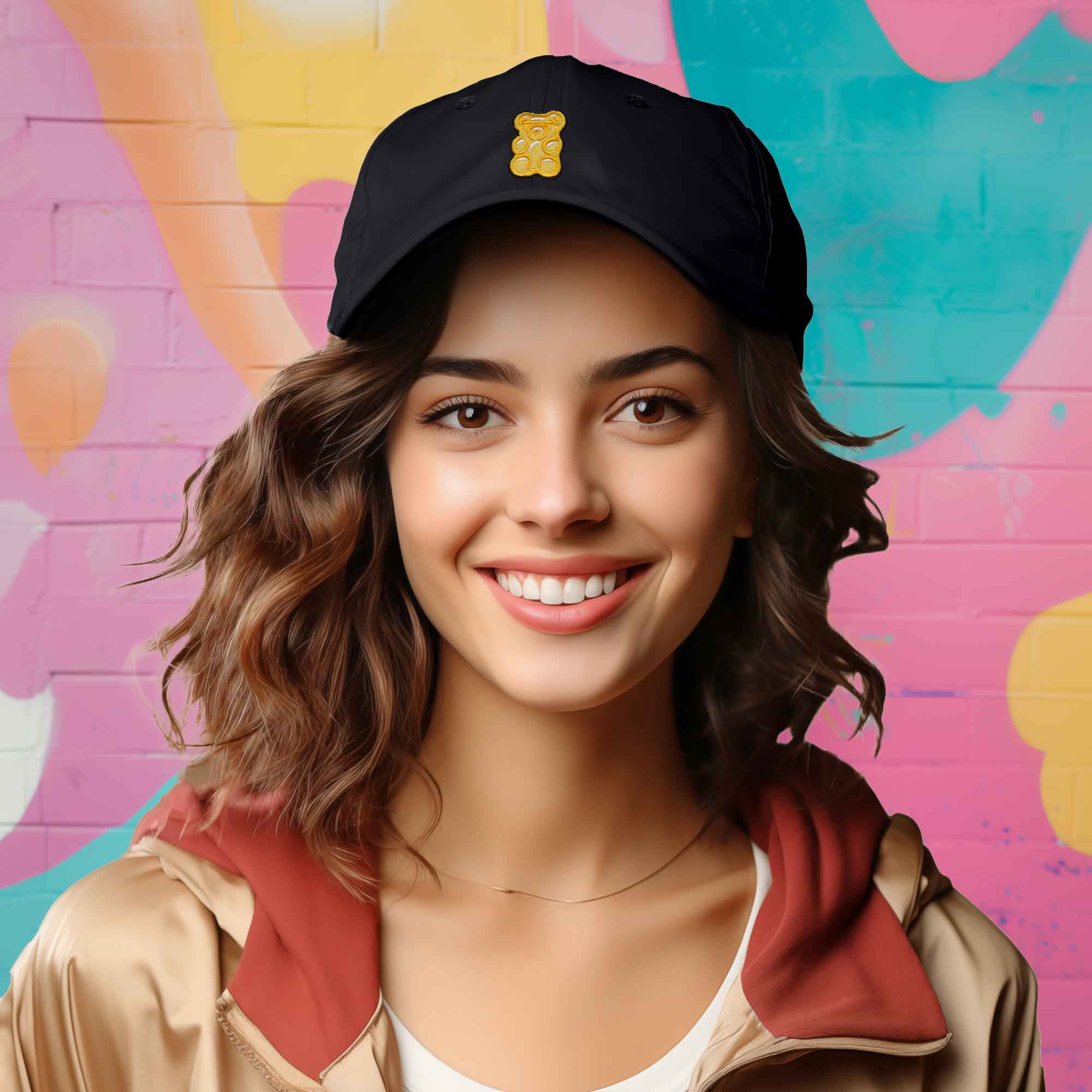 Dalix Yellow Gummy Embroidered Cotton Dad Hat Baseball Cap Adjustable Womens in Black
