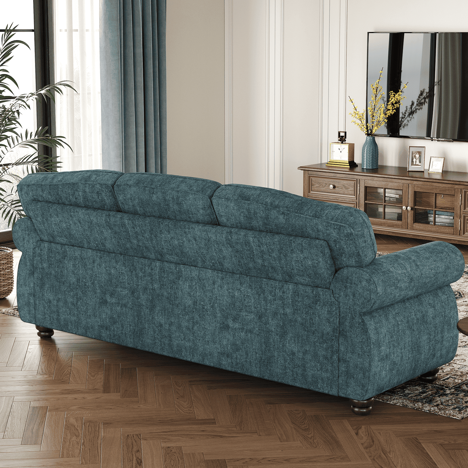 ROGALIS 90" Nailhead Sofa, Rolled Arm Couch with Solid Legs, Chenille Fabric, Teal