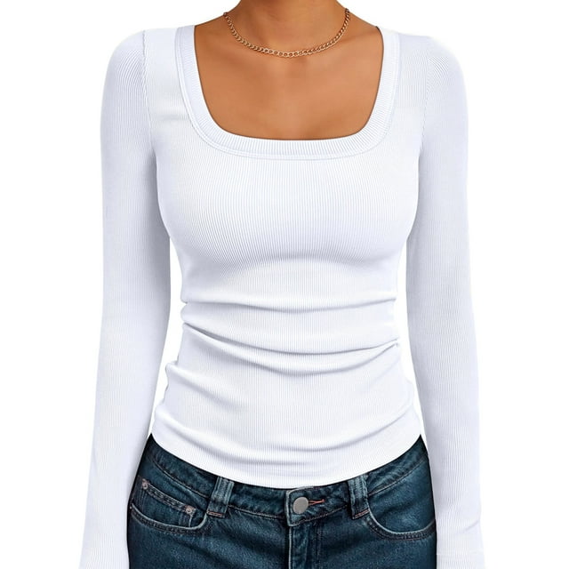 Womens Long Sleeve Shirts Square Neck Tops Ribbed Knit Basic Crop Tops Fall Outfits Fashion Clothes White L