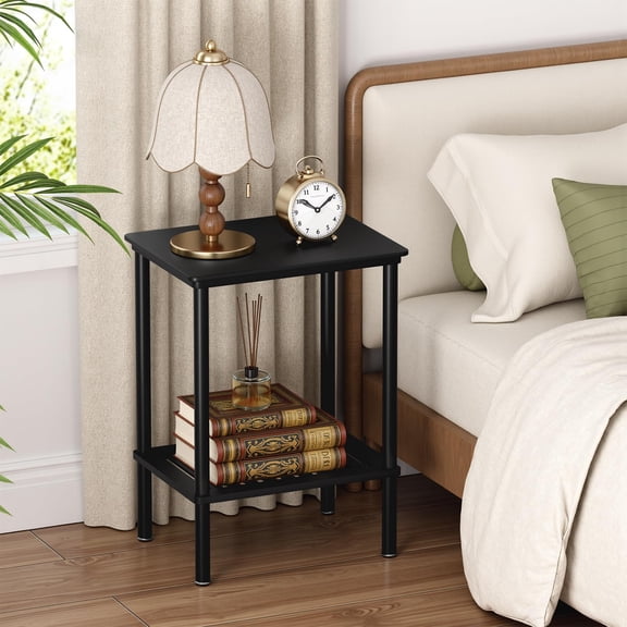 Black 2-Tier Narrow End Table With Adjustable Feet, No-Tool Assembly