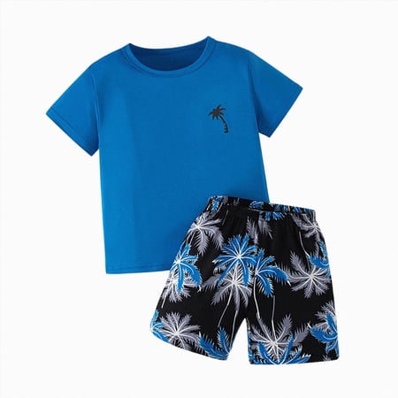CAICJ98 Boy s 2 Piece Set Tropical Print Short Sleeve Crewneck T Shirt and Shorts Set Vacation Outfits (Blue 9-10 Years)