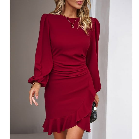 Women's Long Sleeves Dress Zipper Bodycon Mini Dress Ruffle Hem Round Neck Cocktail