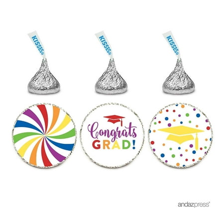Chocolate Drop Labels Trio, Fits Hershey's Kisses Party Favors, Congrats Grad! Rainbow Colored,