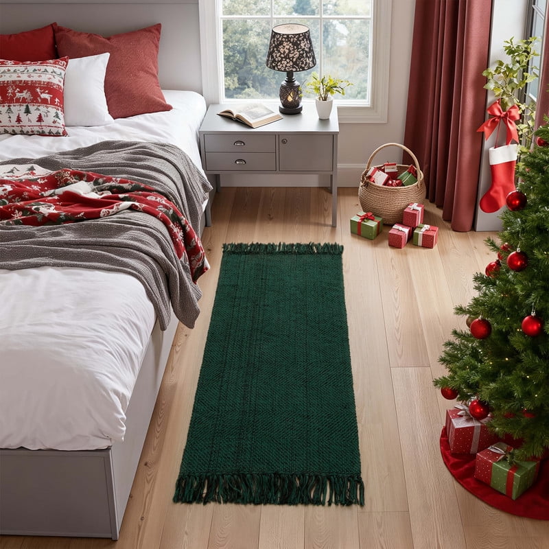 SUNDEREY 2'x4' Christmas Doormat Hallway Runner Rug,Washable Kitchen Floor Mat, Cotton Woven Reversible Entryway Rug, Holiday Xmas Decor Indoor Outdoor Throw Rug,Green&Black