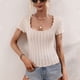 thumbnail image 4 of Camiseta de punto con cuello en U para mujer, informal, color puro, ajustada, manga corta, para uso diario, hogar, al aire libre, color albaricoque XL, 4 of 8