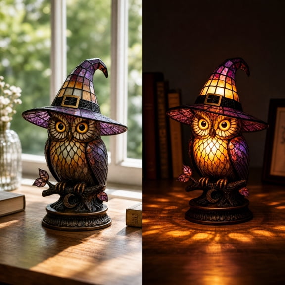 AMARHH Halloween Owl Night Light, Witch Hat Lamp Stained Glass Style Vintage Acrylic Halloween Table Lamp, Fall Decor Night Light for Home Bedroom Holiday Ornament