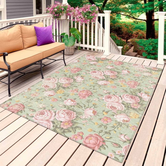 Pink Flowers Outdoor Rug for Patio/Deck/Porch, Non-Slip Large Area Rug 6 x 9 Ft, Green Country Botanical Floral Leaves Indoor Outdoor Rugs Washable Area Rugs, Reversible Camping Rug Carpet Runner
