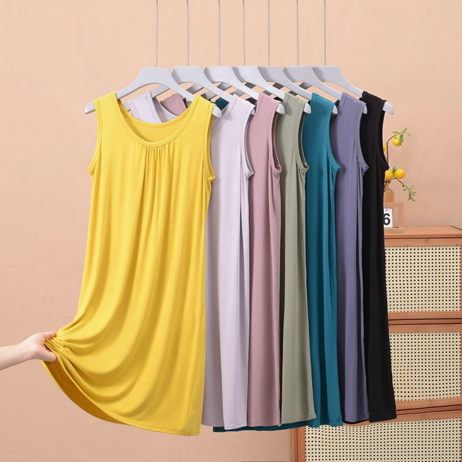 GTHTTT Chemise De Nuit Femme Sans Manches Col Rond Nuisette Point D'onde Vetements De Nuit Flatteur Pyjama Pour Décontractée Dormir,Noir,L