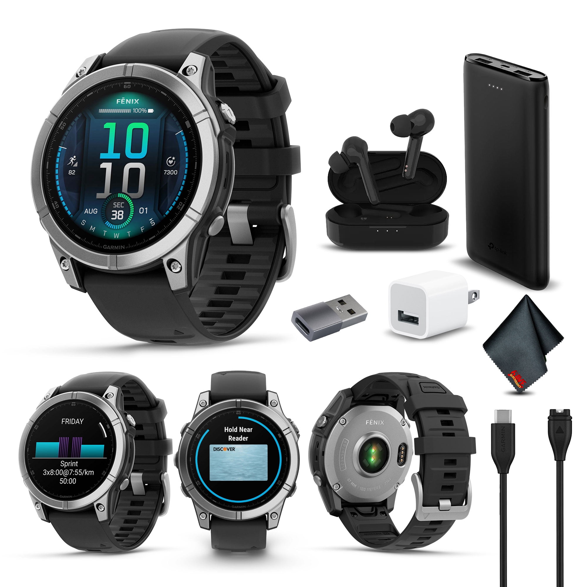 Garmin Fenix E 47MM AMOLED Premium Multisport GPS Smartwatch, 16 Days Long-Lasting Battery Life, Stainless Steel with Black Silicone Band Bundle