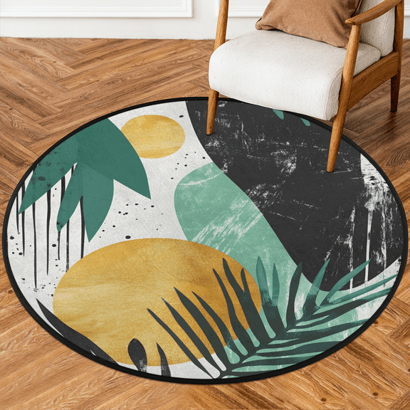 CURLYOOT Round Rug 3ft Retro Abstract Leaf and Sun Area Rug, Washable Circle Mat Non Slip Floor Carpet Mat, Soft Indoor Rugs for Entryway Living Room Dining Room Bedroom