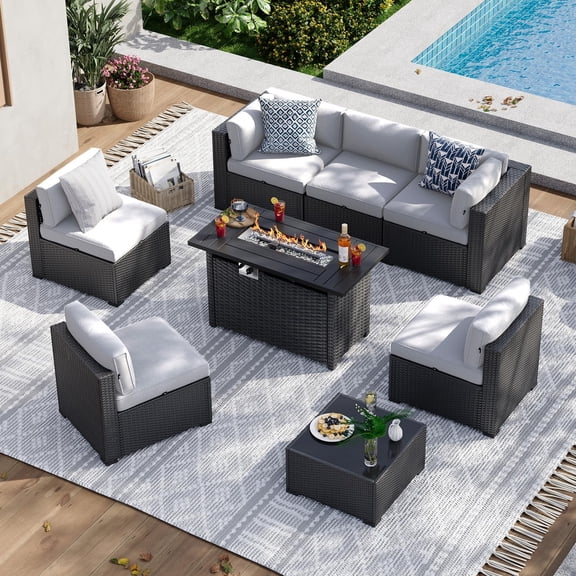 Aoxun 8 Piece Patio Furniture Set with 44” Fire Pit Table Wicker Rattan Patio Sectional Sofa Set Outdoor Seating Furniture with Thickened Cushion, Gray