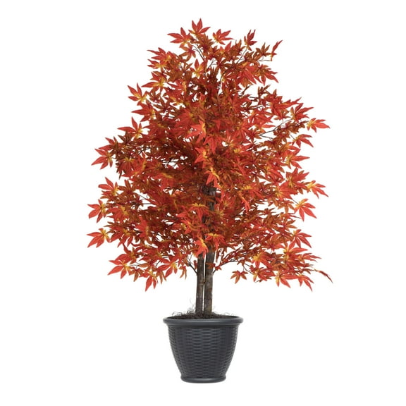 Vickerman 4' Artificial Orange Maple Bush, Gray Round Plastic Container.