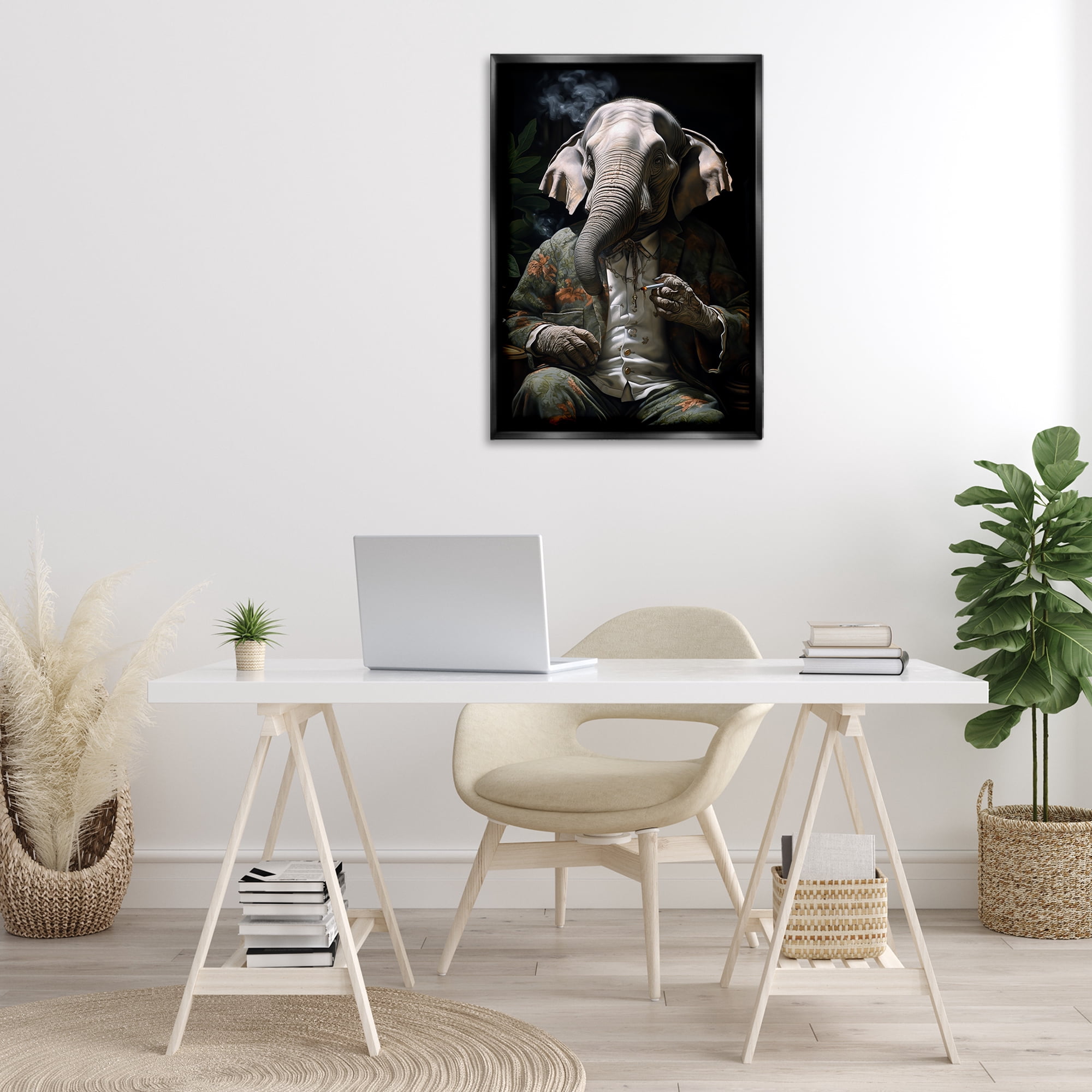 Stupell Industries Elephant Smoking Cigarette Novelty Painting Black Floater Framed Canvas Art Print Wall Art, 21 x 31