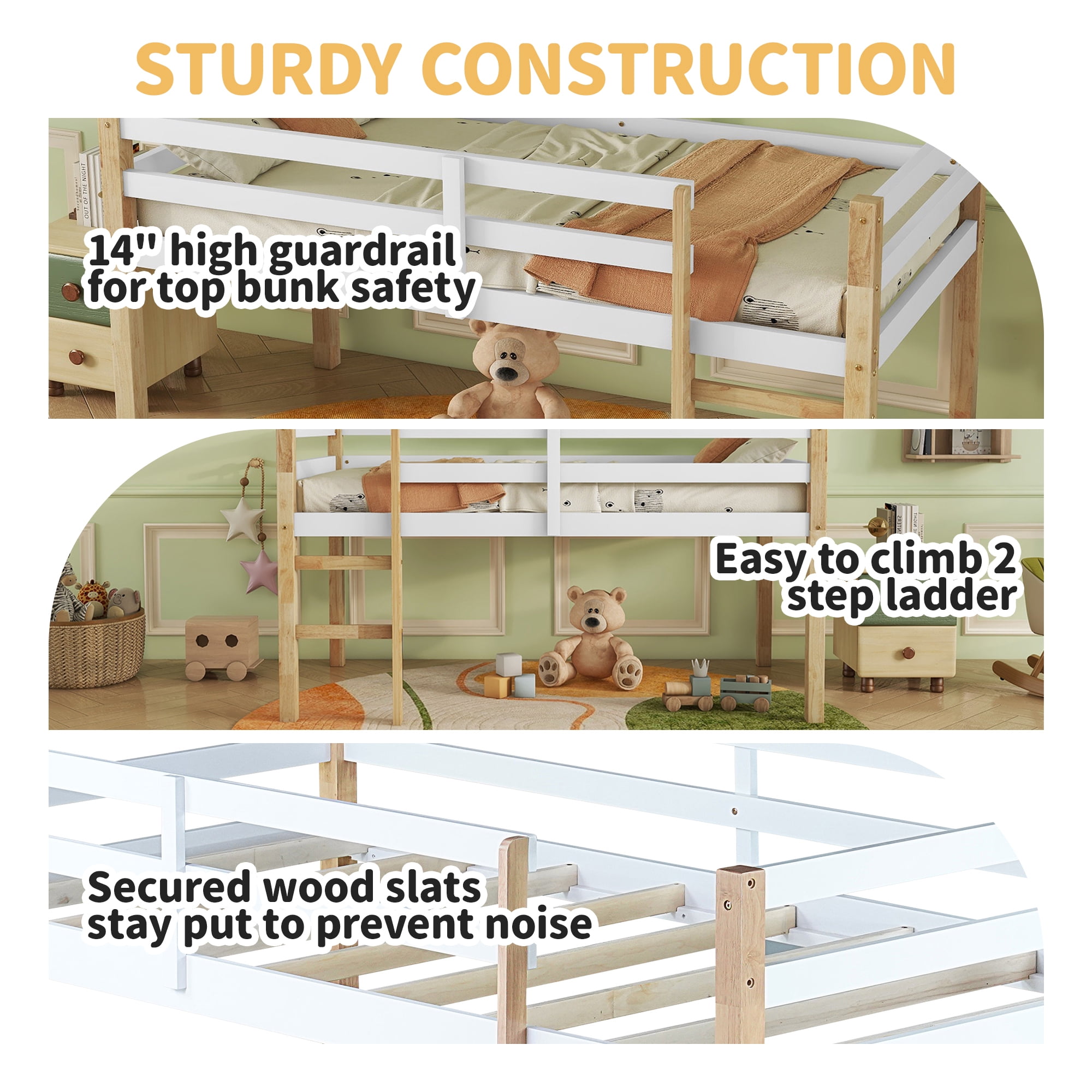 Alvantor Twin Loft Bed for Kids Wood Bed with Stairs, Natural+White