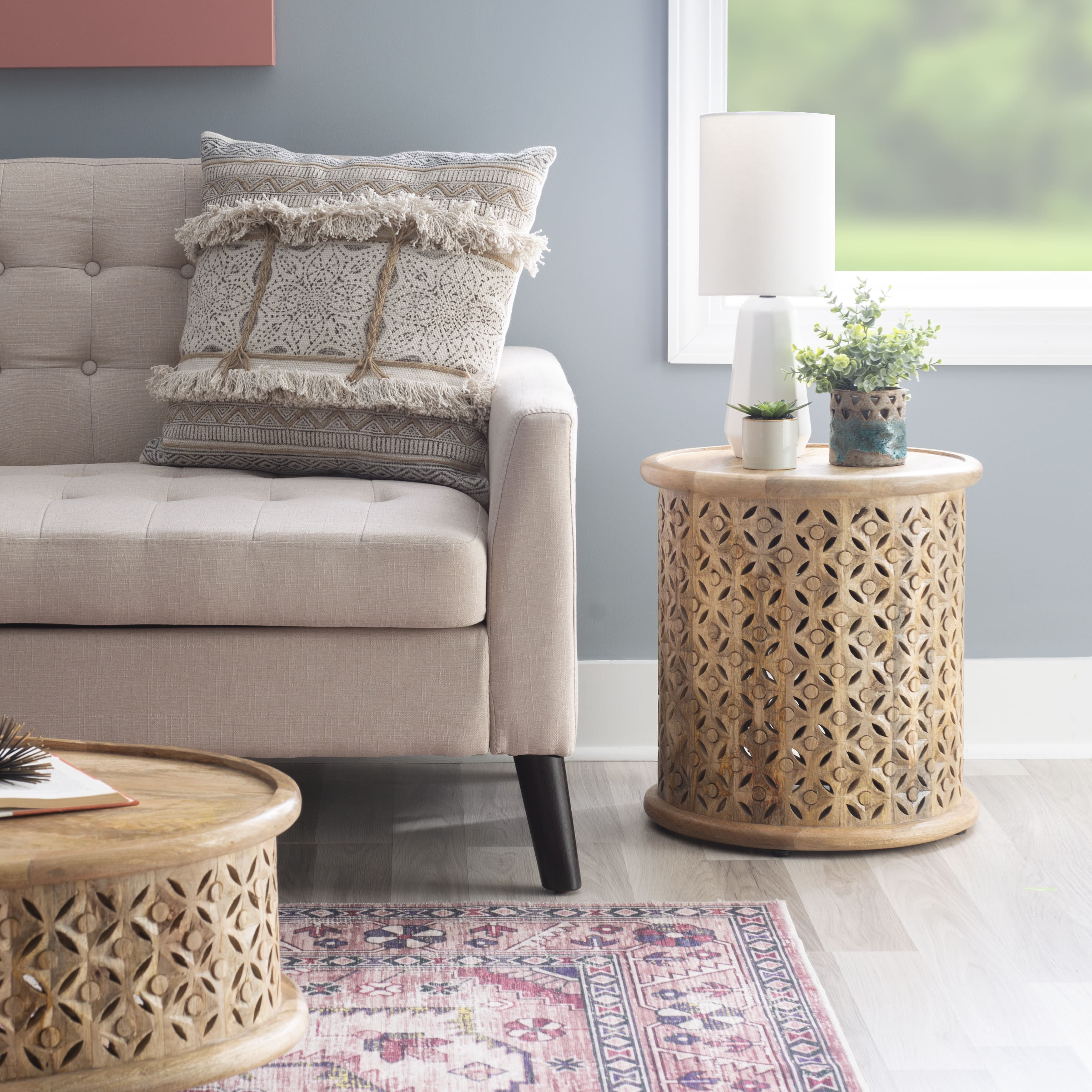 Powell Kacey Carved Wood Round Indoor End Table, 18" Tall, Natural