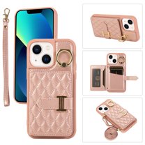 Compatible with iPhone 14 Plus Wallet Case, Crossbody PU Leather Detachable Adjustable Strap Wristlet with Card Holder Magnetic Clasp Kickstand Finger Ring Case for iPhone 14 Plus, Rosegold
