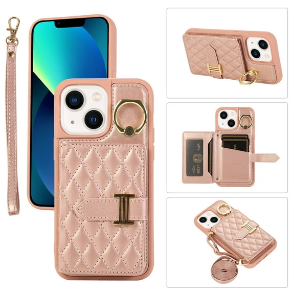 for iPhone 14 Plus 6.7" Detachable Shoulder Strap Wallet Case, with Card Slots & 360-degree Rotation Stand Ring Flip Premium PU Leather Protective Cover Lanyard for Women Girls, Rosegold