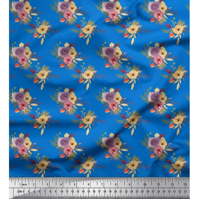 Soimoi Blue polyester Crepe Fabric Leaves & Ranunculus Floral Printed Craft Fabric by the Yard 42 Inch Wide