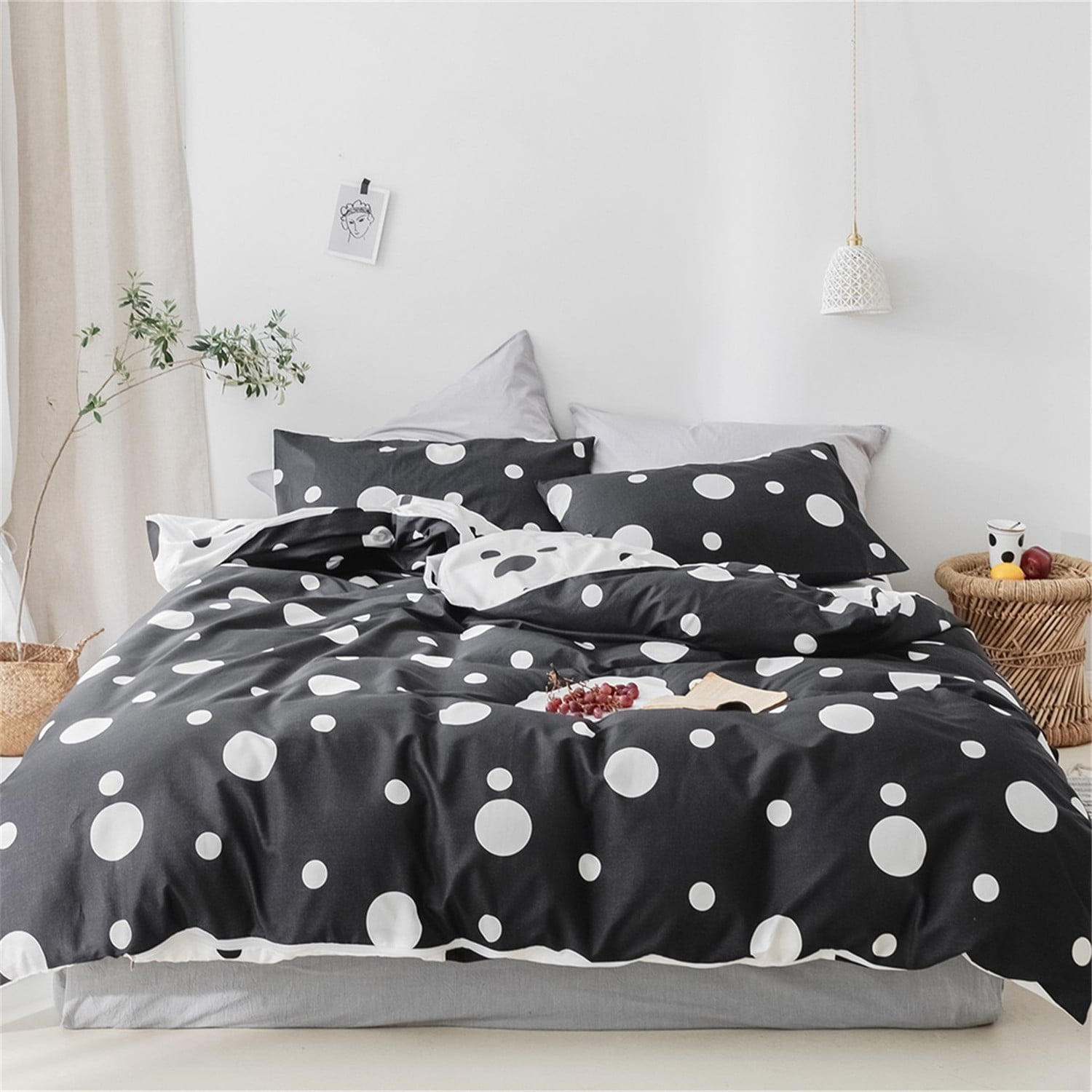 Reversible Modern Geometric Black White Dots Cotton Bedding Duvet Cover