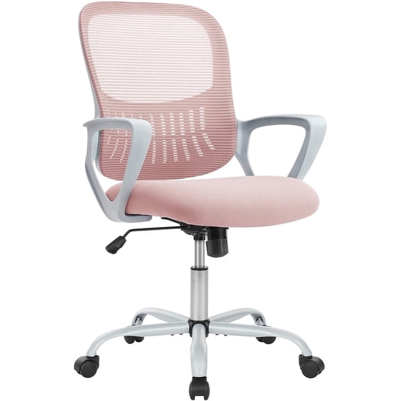 Ergonomic Mid-Back Mesh Office Chair with Lumbar Support, Swivel Rolling Desk Chair with Armrests and Wheels for Home and Study Use, Pink