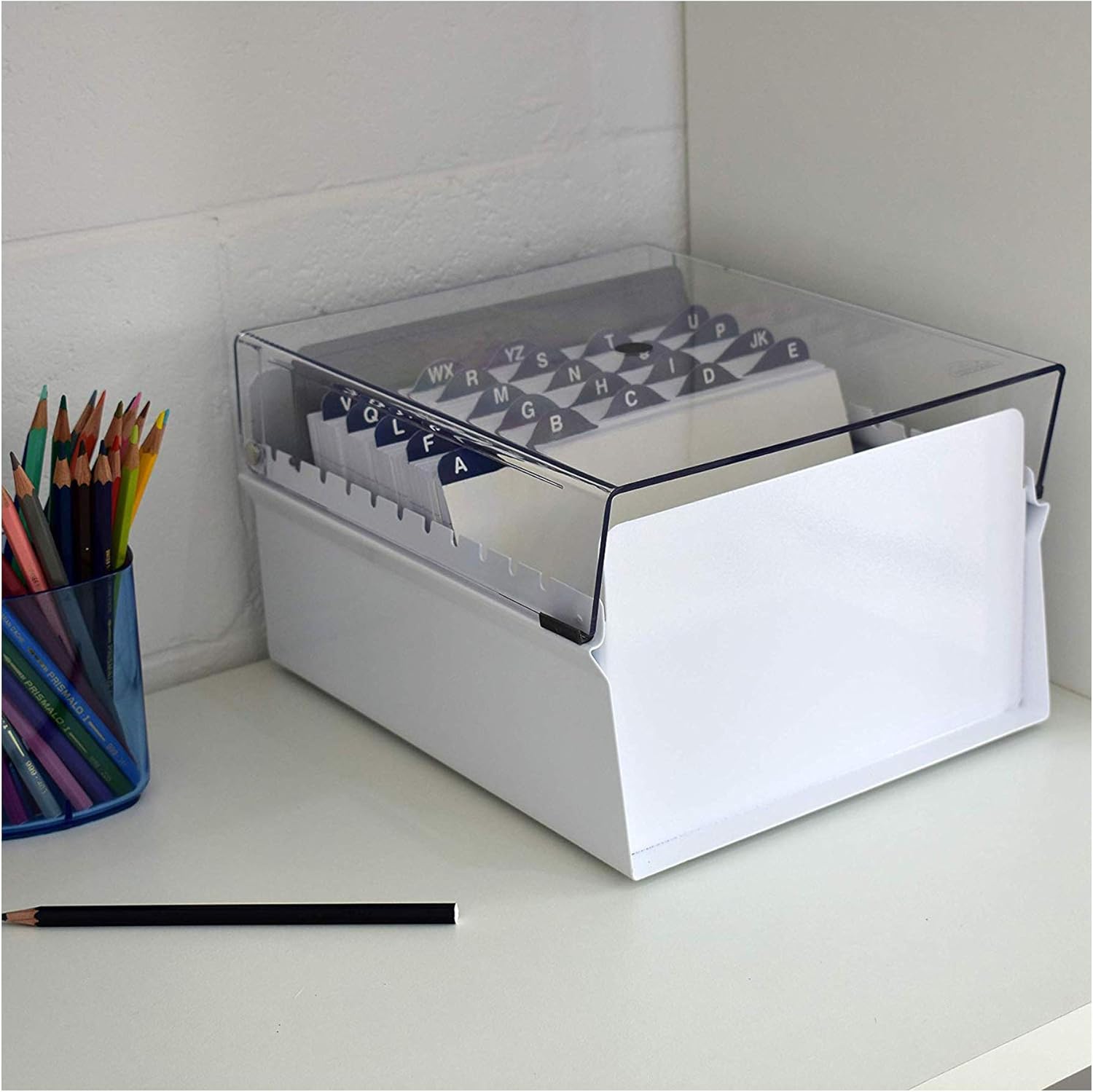 Acrimet 5 X 8 Card File Holder Organizer Box Metal Base Heavy Duty (AZ Index Cards and Divider Included) (White Color with Clear Crystal Plastic Lid Cover)