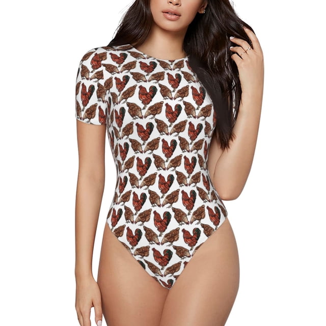 Kdxio un Coq avec Imprimé Poules Justaucorps à Manches Courtes Col Rond Modal Doux Confortable Ajusté Aguichant Top-TTG