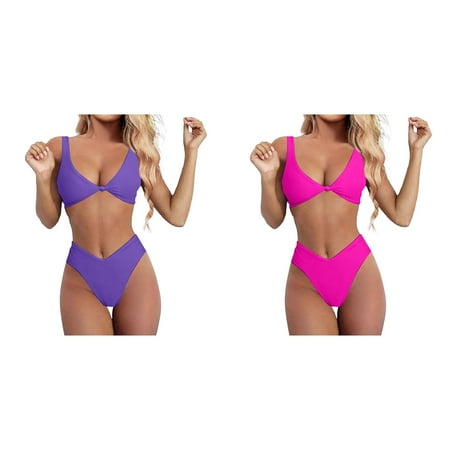 (2-Pack) Kcodviy Bikini Set for Women Womens Bathing Suit Cover Romper Solid V Neck Knot Striped Shorts Set Women Front Push Up High Galaxy Skirts for Women Leg Thong Two Piece Sunflower Shorts Wome