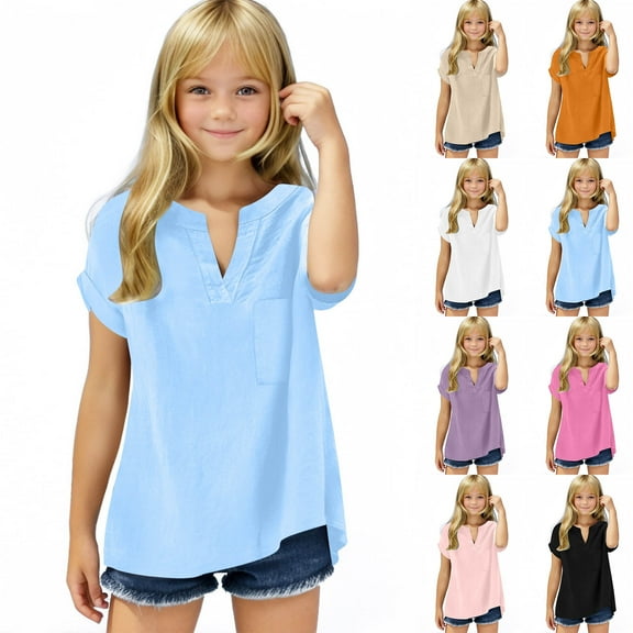 THDHVS Girls Shirts,Girls Short Sleeve Tops,Girls Summer Fashion Solid Button Shirt Female V-Neck Loose T-shirt Blouse Black 7-8 Years
