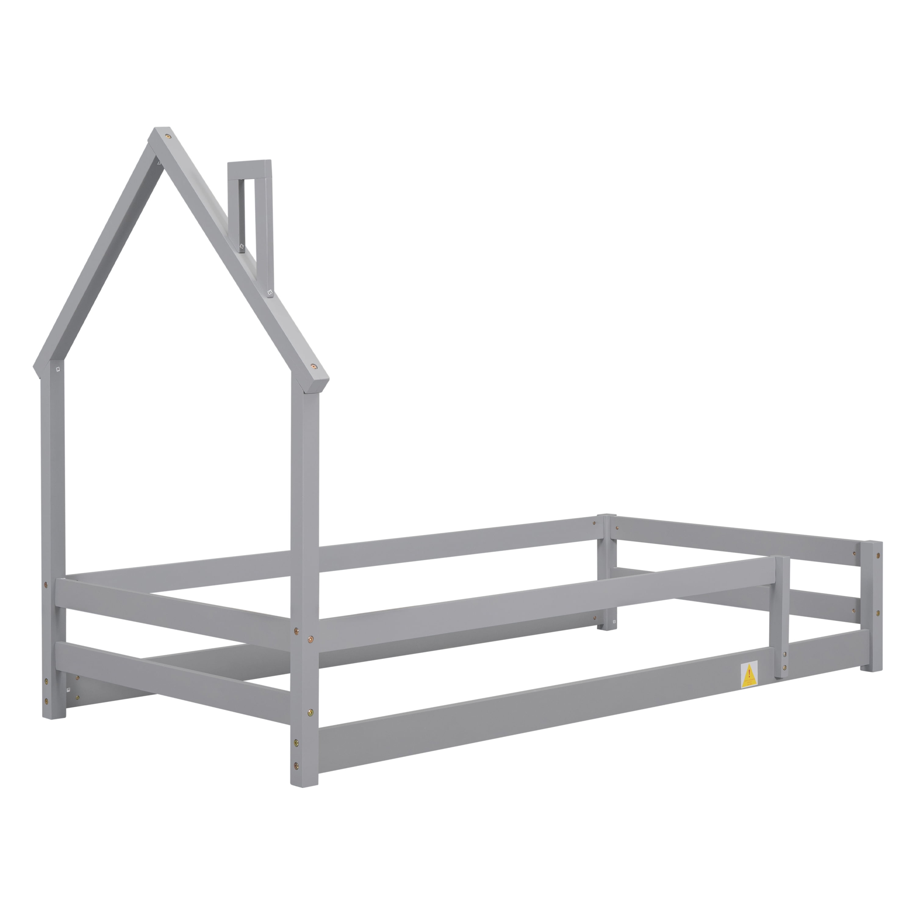 Euroco Twin Size House Bed, Low Profile Floor Bed with Chimney, Gray