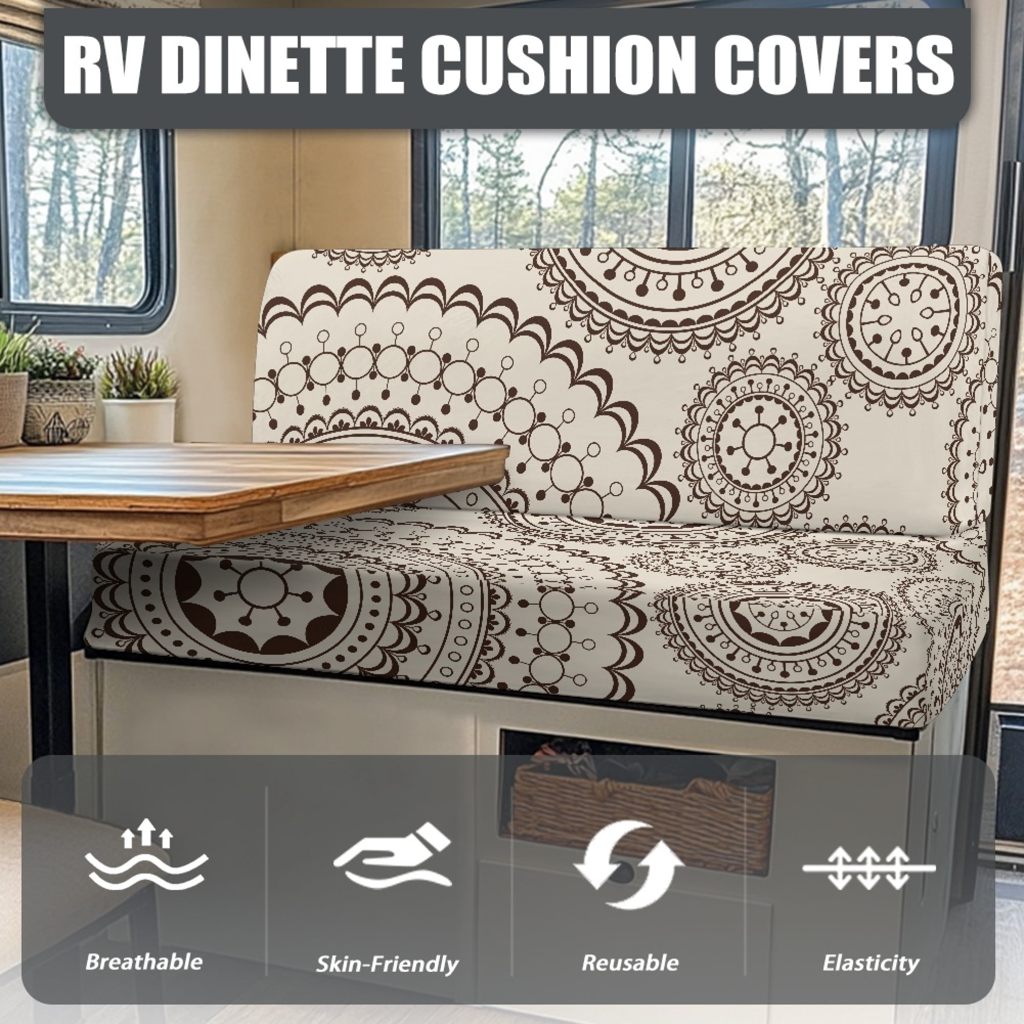 FOR U DESIGNS Boho Mandala Print 2 Pcs RV Dinette Cushion Covers Waterproof Camper Cushion Slipcover Stretch Sofa Furniture Protector Include1 Backrest Covers and 1 Bench Covers