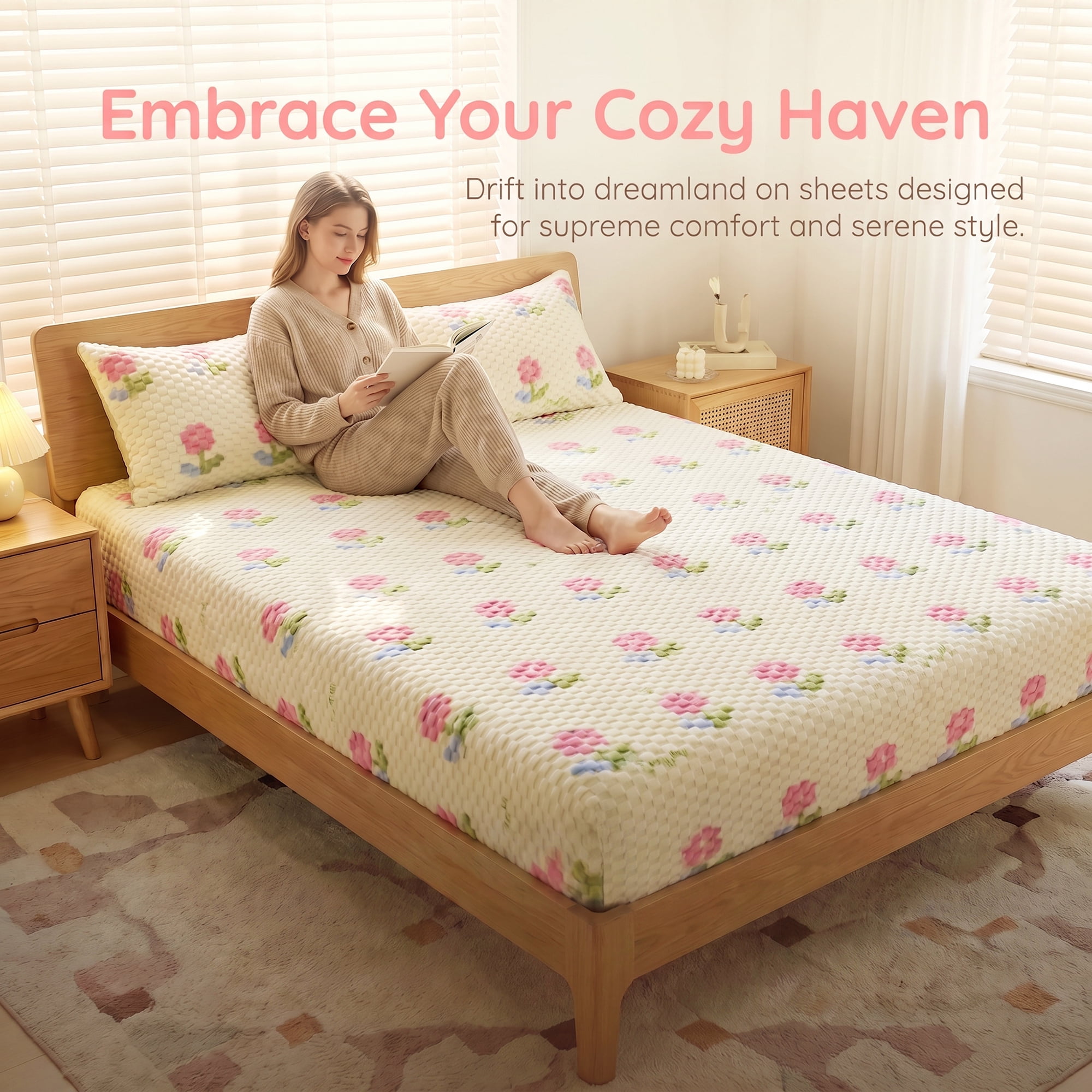 Unique Bargains Fitted Sheet Polyester Anti Wrinkle Soft Bedding 78.0"x79.9" Pink/Yellow