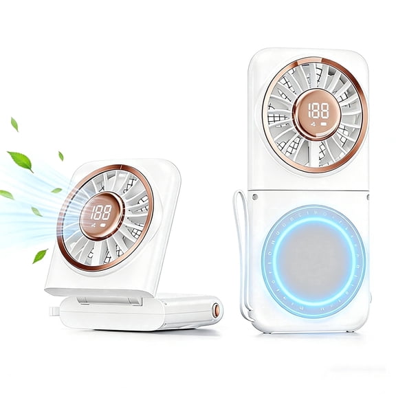 Magnetic Mini Neck Fan, Portable Personal Handheld Fan with 5 Speed Adjustable, 3000 mAh USB Rechargeable Foldable Small Desk Fan with Phone Stand Function for Home Office Outdoor Travel, White