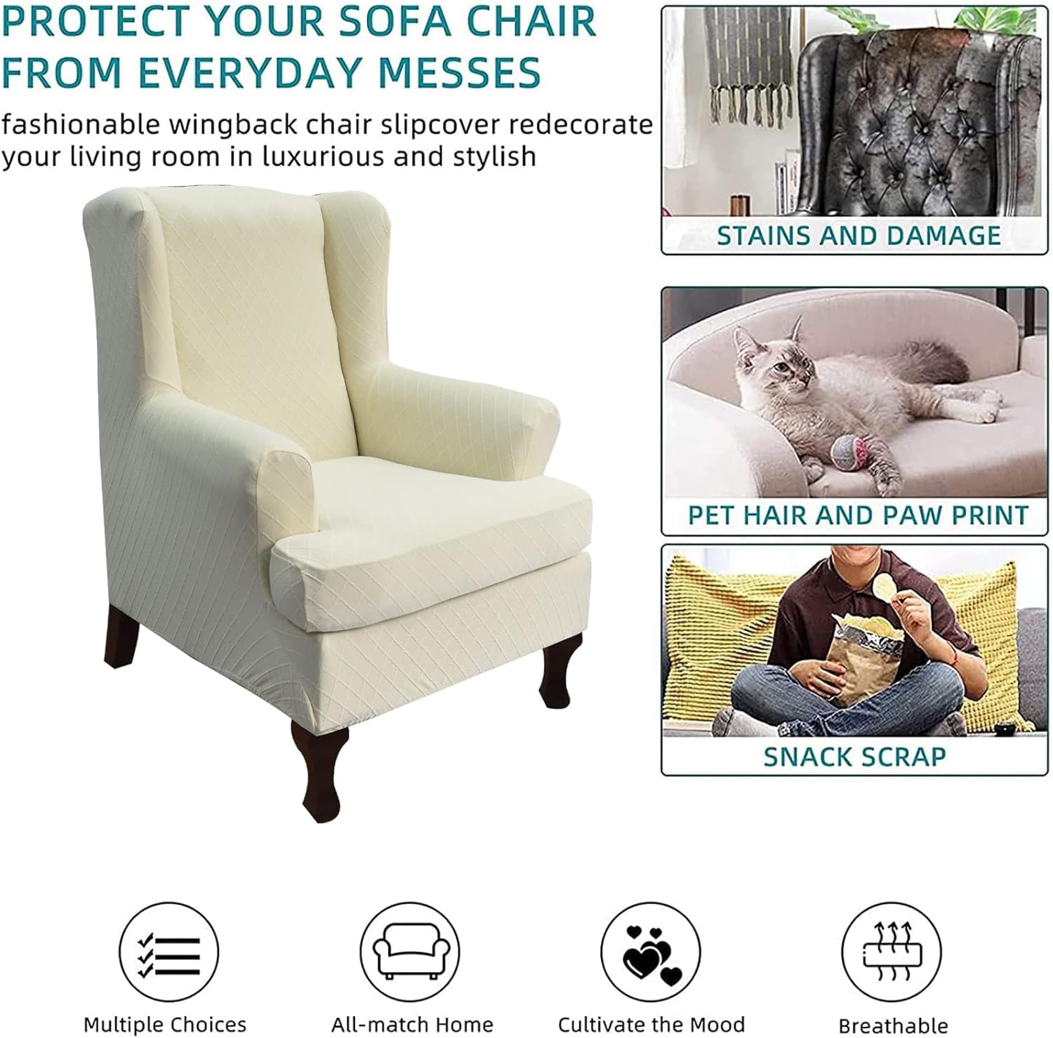 CHUNTIAN Wingback Chair Covers Slipcovers 2 Piece Stretch Wing Chair Covers Spandex Slipcovers Wingback Sofa Covers Armchair Covers Non-Slip Furniture Protector for Living Room Wingback Chairs, A13