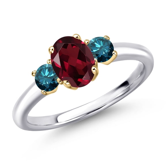Gem Stone King 925 Silver and 10K Yellow Gold Red Rhodolite Garnet and Blue Diamond Engagement Ring for Women | 1.20 Cttw | Oval 7X5MM | Gemstone January Birthstone | Size 7