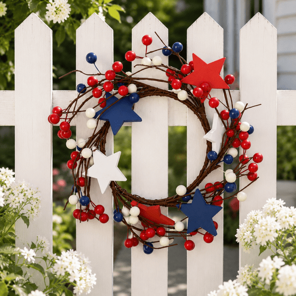 Patriotic Wreath for Front Door, Red White Blue Star Wreath, 9.8 in 4th of July Independence Day Wall Hanging Decor, Summer Table Centerpiece Candle Ring for Home Party Decoration