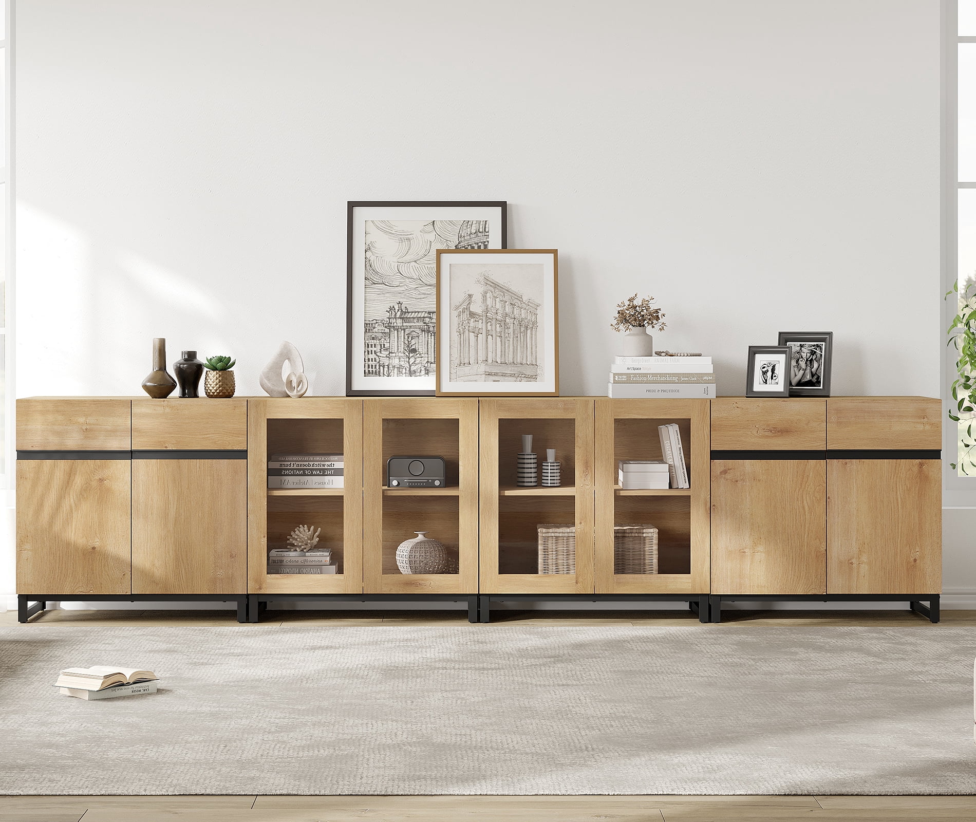 4-in-1 Multifunctional Sideboard Cabinet, Modern Glass Door Buffet Cabinet with Adjustable Shelf & Metal Base, Freestanding Coffee Bar Storage Credenza for Dinning Room,Oak