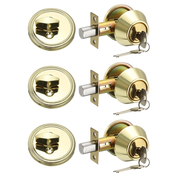 Keyed Alike Single Cylinder Deadbolt Door Lock Round Entry Handle Sets for Door Thickness 1.2-2 Inch (Gold Tone, Pack of 3)