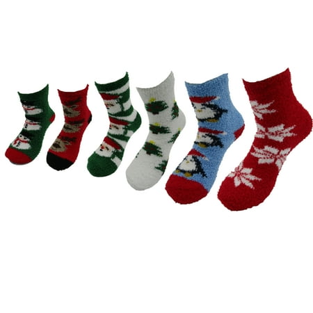 

6 Pairs of Women s Bed Room Slipper Socks | Soft & Comfy Fuzzy Multicolor Patterned Winter House Socks (X-Mas)