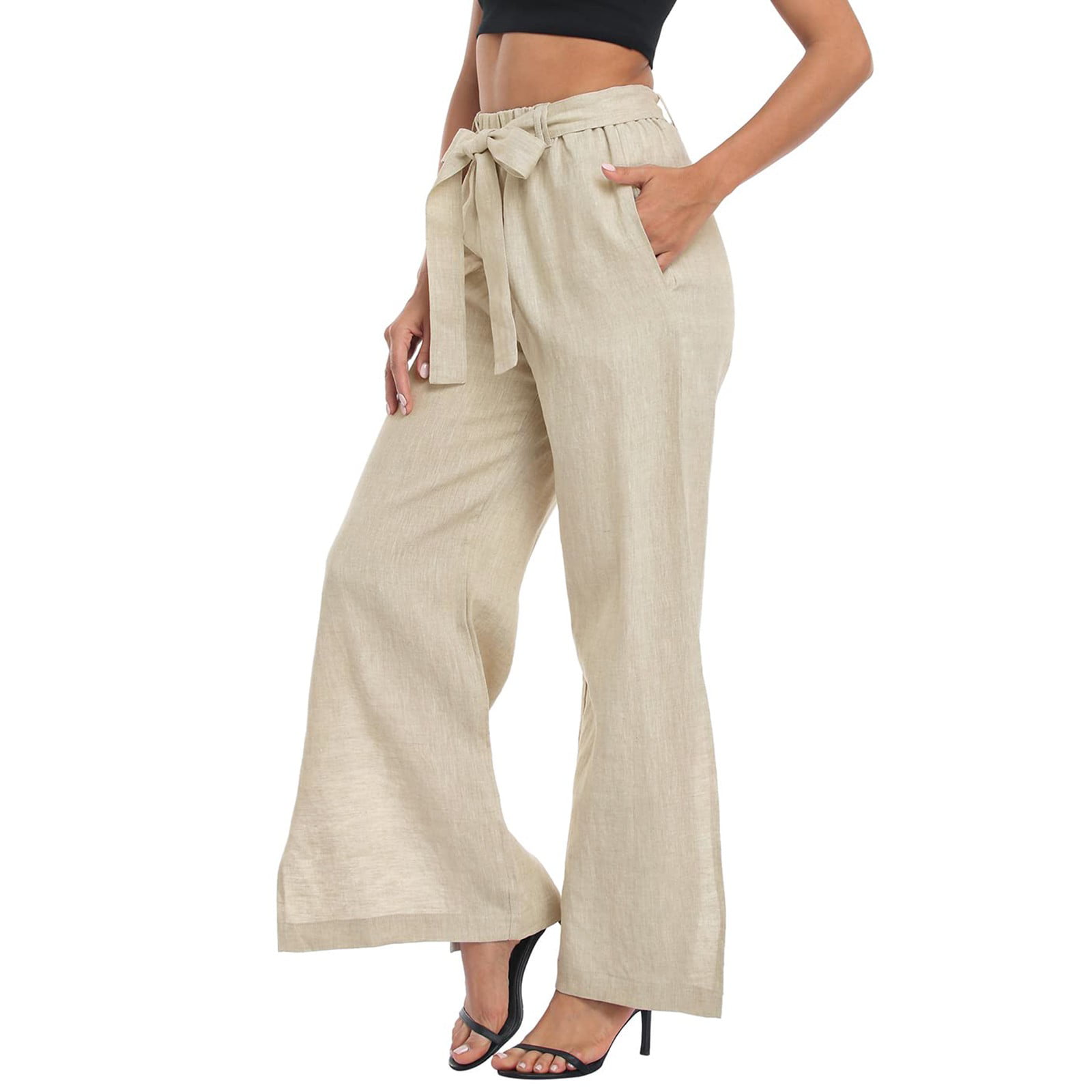  Womens Casual Summer Pants Drawstring Loose Fit Cropped Pants  Straight Elastic Waist Lounge Pants with Pockets pant adjuster waist smaller  newspaper pants dress stretch twill cropped wide leg pants : 服裝，鞋子和珠寶