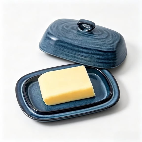 Tikooere Blue Ceramic Butter Dish with Lid, 7.5 Inch Porcelain Butter Keeper with Handle for Countertop & Fridge